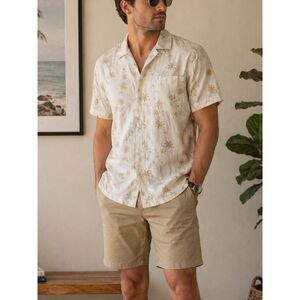 Reverse Threads Floral Hawaiian Shirt Mens Size L Viscose Sumer Button Up Beige